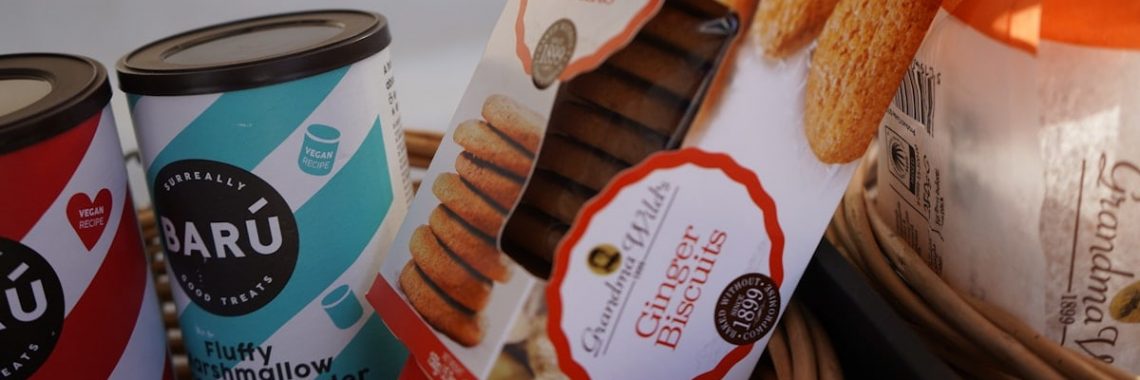 Packages of biscuits and hot chocolate mix